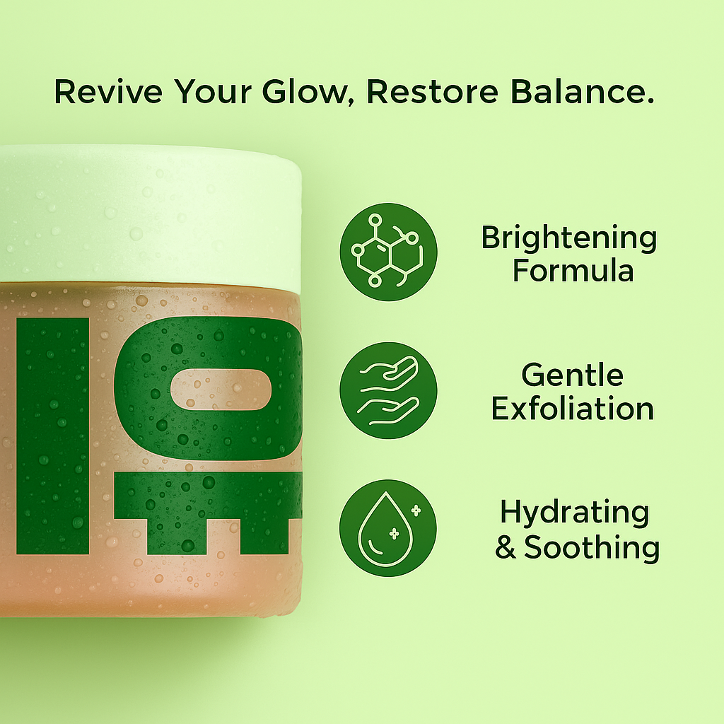 Cosmetic container with green and brown design on a light green background, featuring text and icons about product benefits of Official & Original Korean Toner Pads.